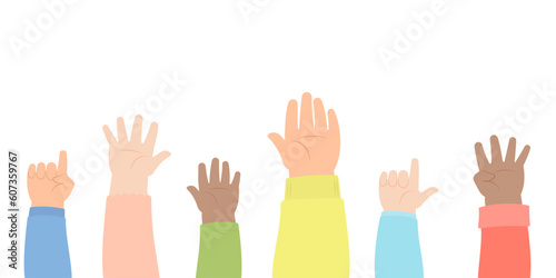 Hands of diverse kids with colorful sleeves raising and showing palms of the hands in flat design vector