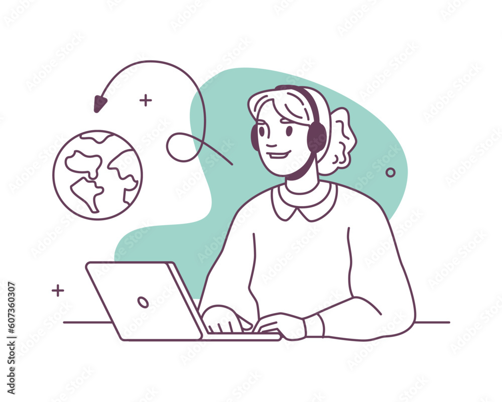 Customer service call center worker with laptop, worldwide cooperation. Vector illustration of woman in headset, operator agent character, helpline assistant representative Customer service call center worker with laptop, worldwide cooperation. Vector illustration of woman in headset, operator agent character, helpline assistant representative