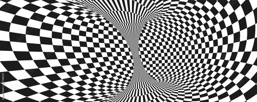 Abstract optical illusion. Hypnotic tunnel with black and white squares. Vector illustration. Abstract optical illusion. Hypnotic tunnel with black and white squares. Vector illustration.