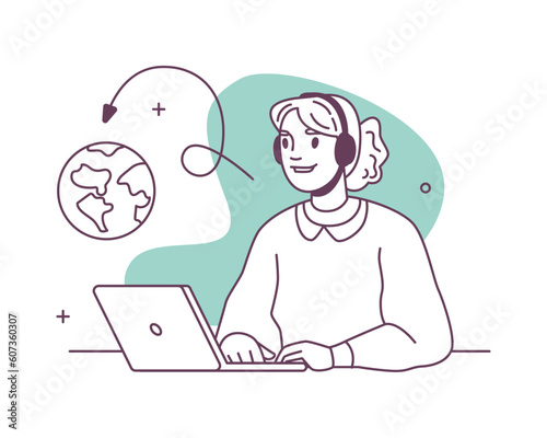 Customer service call center worker with laptop, worldwide cooperation. Vector illustration of woman in headset, operator agent character, helpline assistant representative