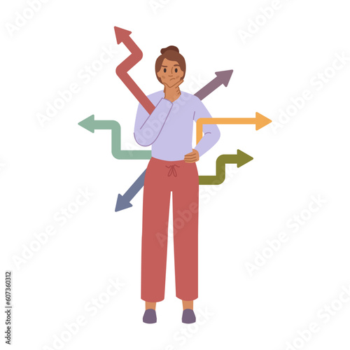 Path choice concept, choosing from multiple directions, woman making choices, decisions, life path. Lady choose from different options, opportunities. Solutions flat cartoon vector illustration