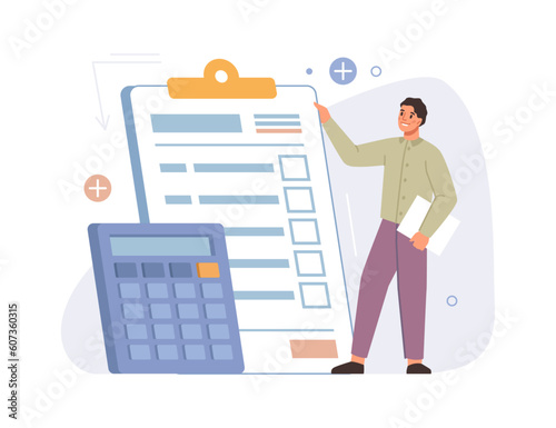 Man using calculator and calculate bills, flat cartoon. Vector tax form and paper invoice documents, vector illustration. Male hold big financial form with tips, payment receipt