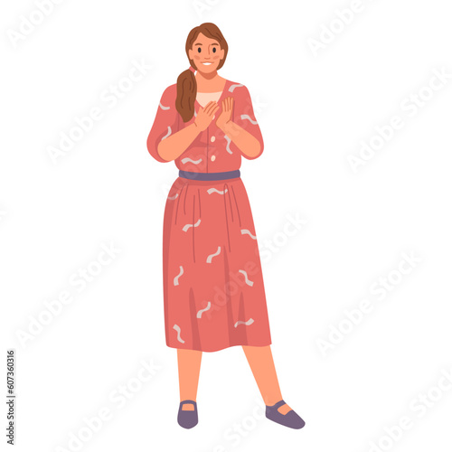 Happy girl greetings and congratulations. Applauding woman clapping hands, flat cartoon vector character support gesture, congratulated by hand claps, applause and ovation