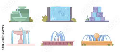 Water fountains, natural geyser waterfalls and water splash flat cartoon illustrations vector set. Park architecture decor with splashing drops. Outdoor park decoration with architectural elements