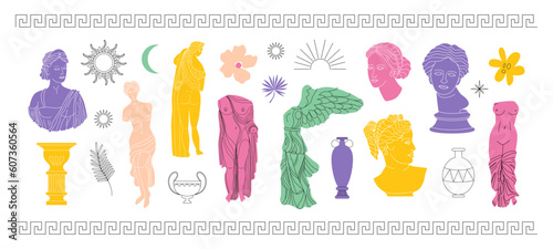Modern set of Greek statues, columns, celestial elements, vases, flowers. Ancient Greek goddess, antique statue, sculpture. Vector isolated on white background. Renaissance. Hand drawn line art