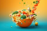 Instant noodles with veggies in bowl on colorful background, AI Generated