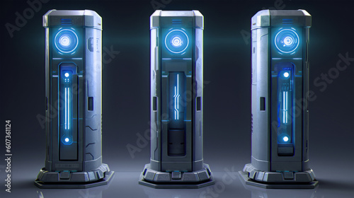 Three assets of Future Power Terminal in high detailed Column with Blue Glow lights in a Scifi style - AI Generated photo