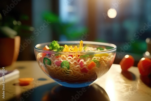 Instant noodles with veggies in bowl on dark background, AI Generated