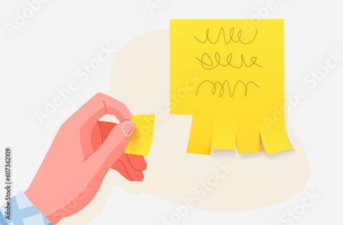 Hand tearing off paper tear-off ad. Modern flat style.