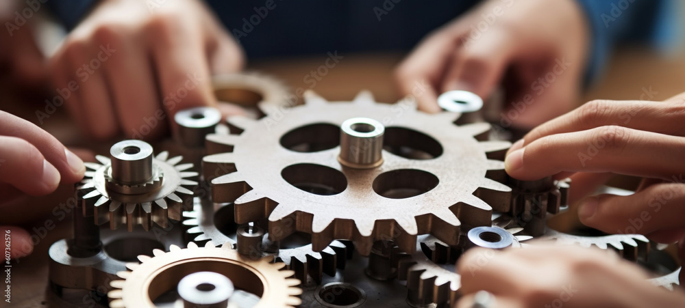 Team of people joining gears each other to be together, Working group of businessmen, unity and teamwork concept, AI generative Team of people joining gears each other to be together, Working group of businessmen, unity and teamwork concept, AI generative