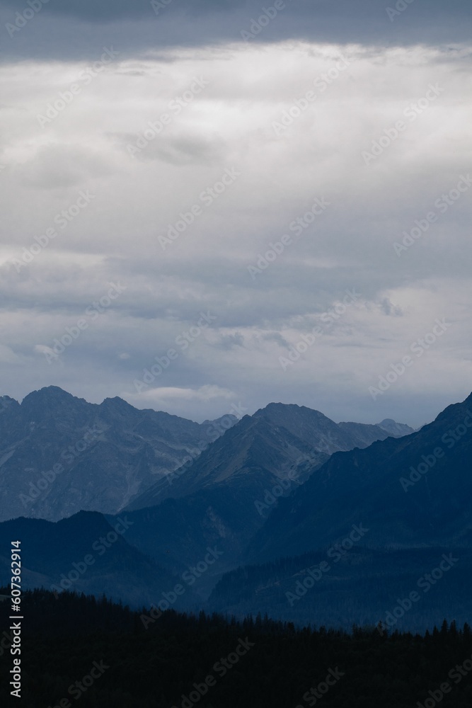 Layers of mountain range in shades of blue, vertical