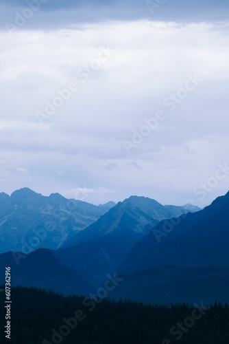 Layers of a mountain range in shades of blue, vertical