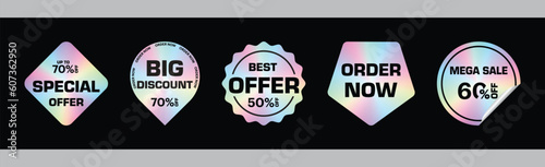 Set of Holographic stickers. Sticker shapes for design mockup. Hologram labels of different shapes. Vector illustration