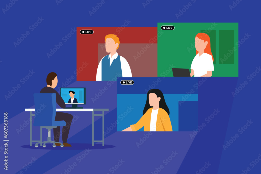 Colleagues talk to each other on the computer screen 2d vector illustration concept for banner, website, illustration, landing page, flyer, etc. Colleagues talk to each other on the computer screen 2d vector illustration concept for banner, website, illustration, landing page, flyer, etc.