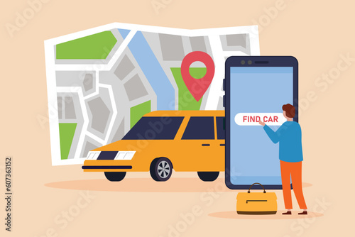 Man booking car sharing or rental online using cellphone 2d vector illustration concept for banner, website, illustration, landing page, flyer, etc.