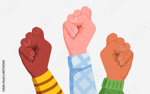 Cartoon Diverse Hands Protest, Human Rights Activists Fight with Discrimination and Against War. Revolution, Strike, Sexual Lgbt Equality Demonstration.