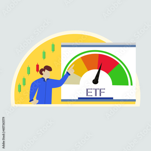 Isomatic business people bar chart and charts depicted in yellow semicircles with tex "ETF" (Exchange Traded Fund)  .Concept Entering the Digital Money Fund.