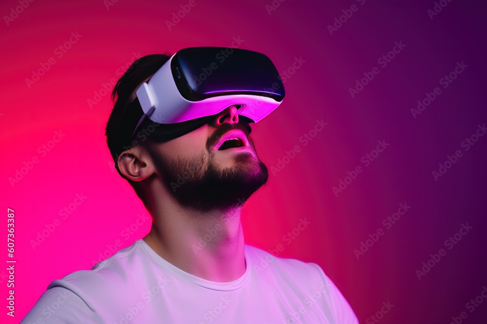 Men Startled Wearing VR with Solid Blank Background, generated with AI. Suitable for background design wallpaper, futuristic websites, posters, and banners, with a copy space area. Men Startled Wearing VR with Solid Blank Background, generated with AI. Suitable for background design wallpaper, futuristic websites, posters, and banners, with a copy space area.
