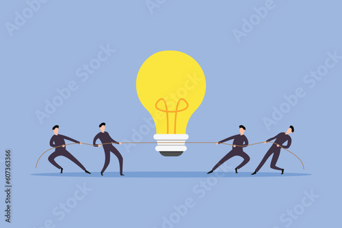 Two competing groups of business people in a tug of war over a new idea 2d vector illustration concept for banner, website, illustration, landing page, flyer, etc.