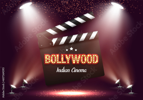 Bollywood indian cinema. Movie banner or poster with clapperboard illuminated by spotlights. Vector illustration.