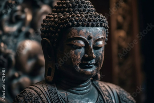 Wallpaper Mural Spiritual awakening. Statue of Buddha in temple and a small meditation. Zen spiritual ritual meditating white face of brown Buddha, dark background. Religion concept, esoterics. Generative AI. Torontodigital.ca