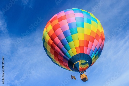 Colorful hot air balloon flying in the blue sky covered in clouds in sunlight