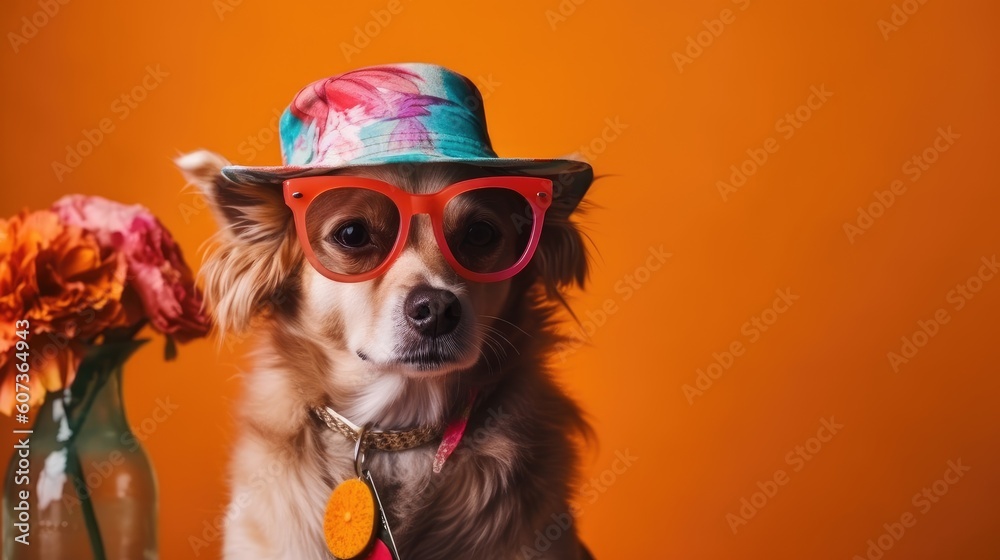Dog with hat and cocktail on colorful background