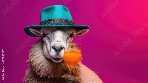 Sheep with hat and cocktail