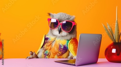 Cool owl working on laptop