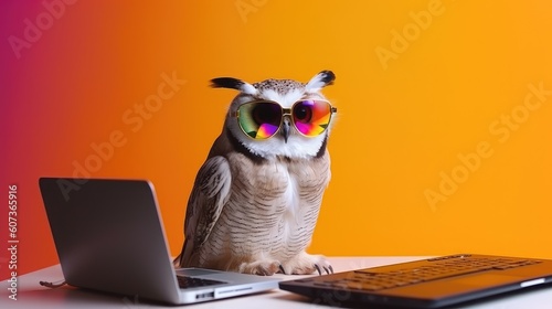 Cool owl working on laptop