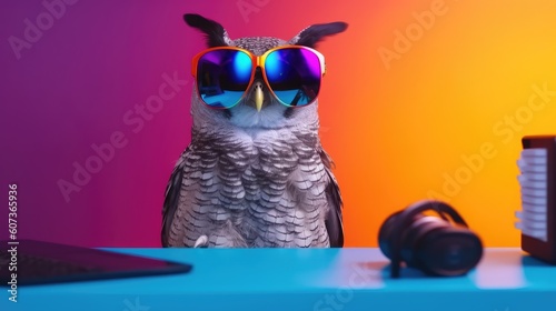 Cool owl working on laptop