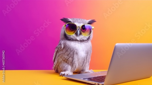 Cool owl working on laptop
