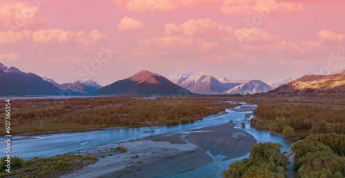 The ecosystem of the River lagoon Valley -Aerial view with sunset scene