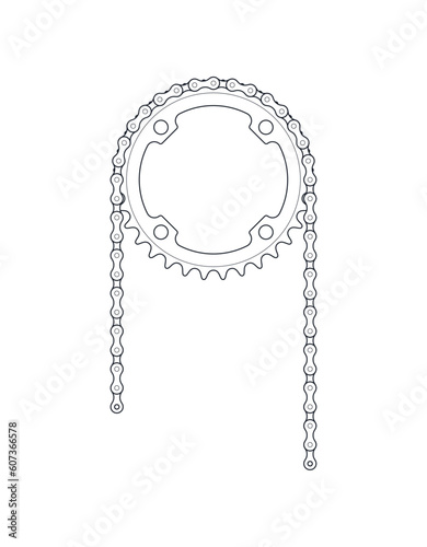 Vector black line bicycle crank with chain. Isolated on white background