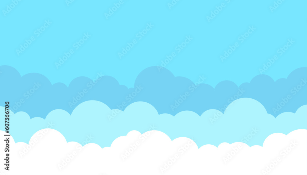 Blue sky with white clouds background. Cartoon flat style design.  Vector illustration