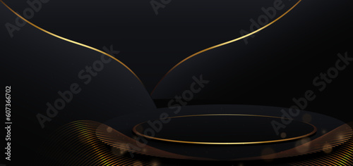 Black and lines gold scence with circle podium and lighting effect sparkle on black background. Template premium award design.
