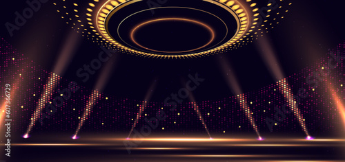 Elegant golden stage horizontal glowing with lighting effect sparkle on dark background. Template premium award design.
