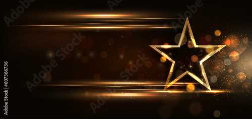 3D golden star with golden on black background with lighting effect and sparkle. Luxury template celebration award design.
