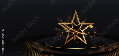 3D golden star with golden on black background with lighting effect and sparkle. Luxury template celebration award design.