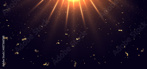 Golden confetti banner and ribbon on dark background and bokeh. Celebration party happy concept.
