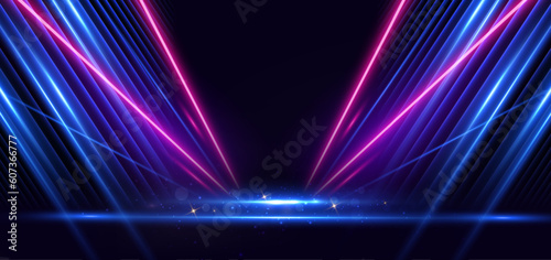 Abstract elegant dark blue background with blue and pink neon line and lighting effect sparkle. Luxury template award design.
