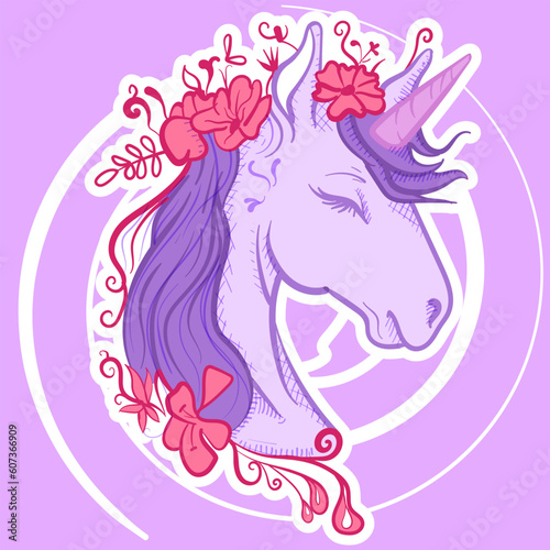 Digital art of a magical unicorn head with floral decorations on his hair. Vector illustration of a pegasus with a horn in pastel colors.