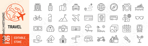 Travel thin line Icons set. Travel, hotel, holiday, tourism, beach, plane, map, agent and insurance. Vector Illustration.