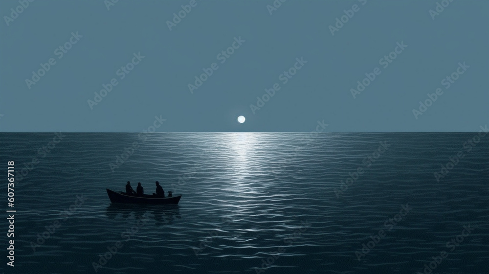 Minimalistic Illustration of a lost boat at the sea, Generative AI
