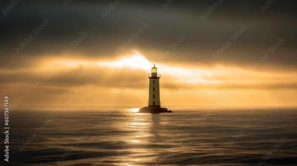 Light house in the middle of a sea after the storm, Generative AI
