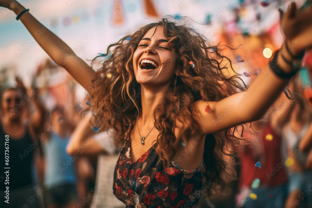 Fototapeta premium A fictional person, Beautiful young woman with long hair having fun at music festival with her hands up dancing . Generative AI