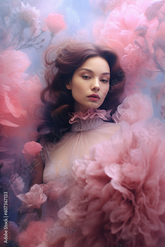 A young beautiful girl walking through a beautiful spring landscape, pastel pink trees, grass and flowers and nature in the forest. Generative AI.