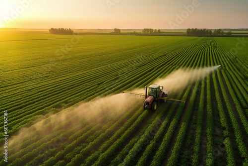 Aerial Drone View of Tractor Spraying Pesticides at Sunset. Generative AI