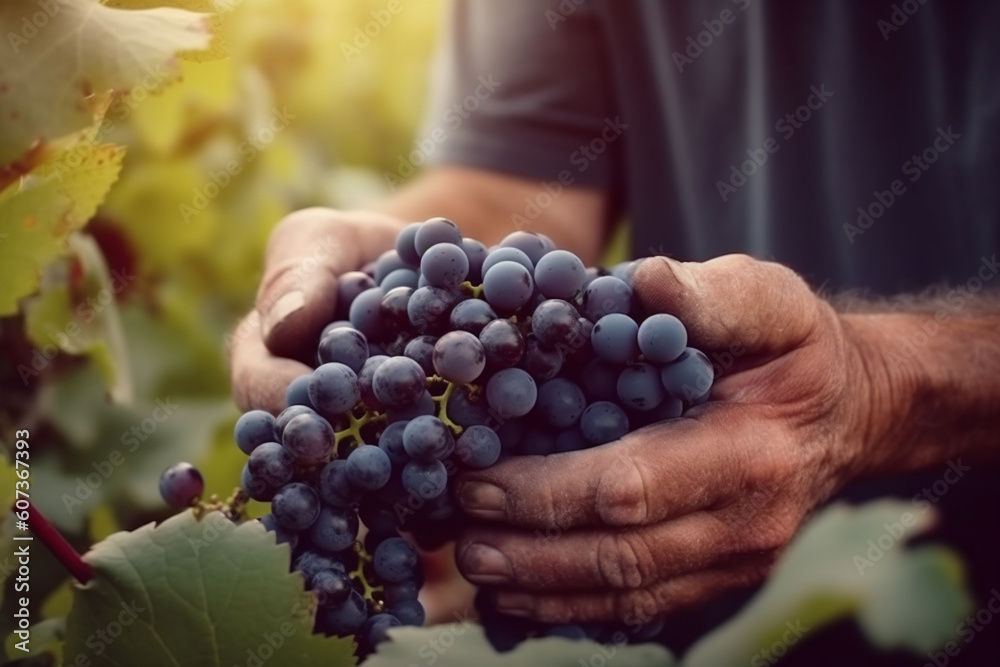 Close up of farmer hands picking up grapes in the vineyard. Generative AI
