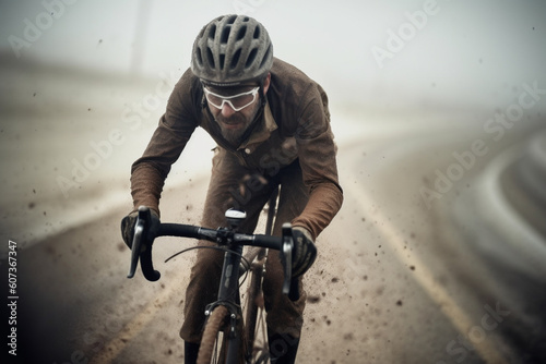 A fictional person riding road gravel bike in harsh weather conditions, Generative AI